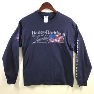 Harley Davidson blue cotton graphic long sleeve t-shirt mens biker moto medium